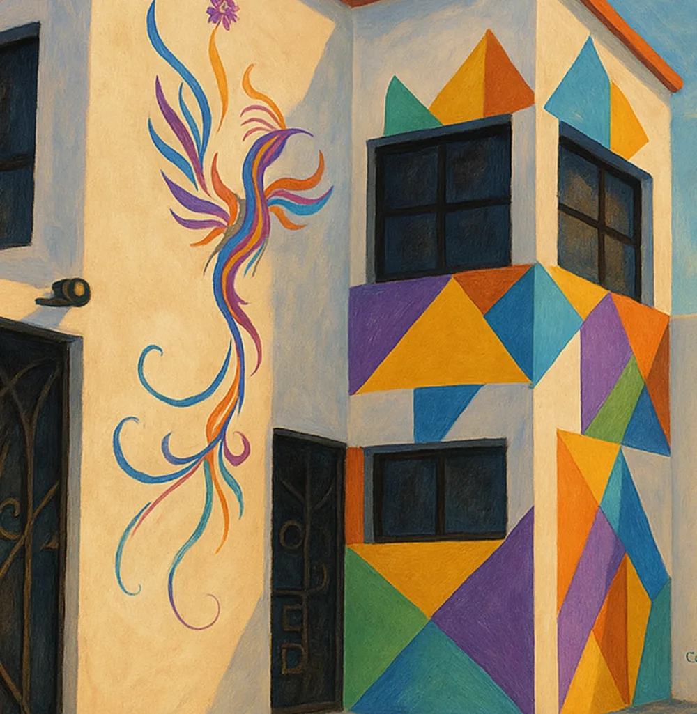 Fachada de Casa Kali pintada con un ave de colores y figuras geométricas